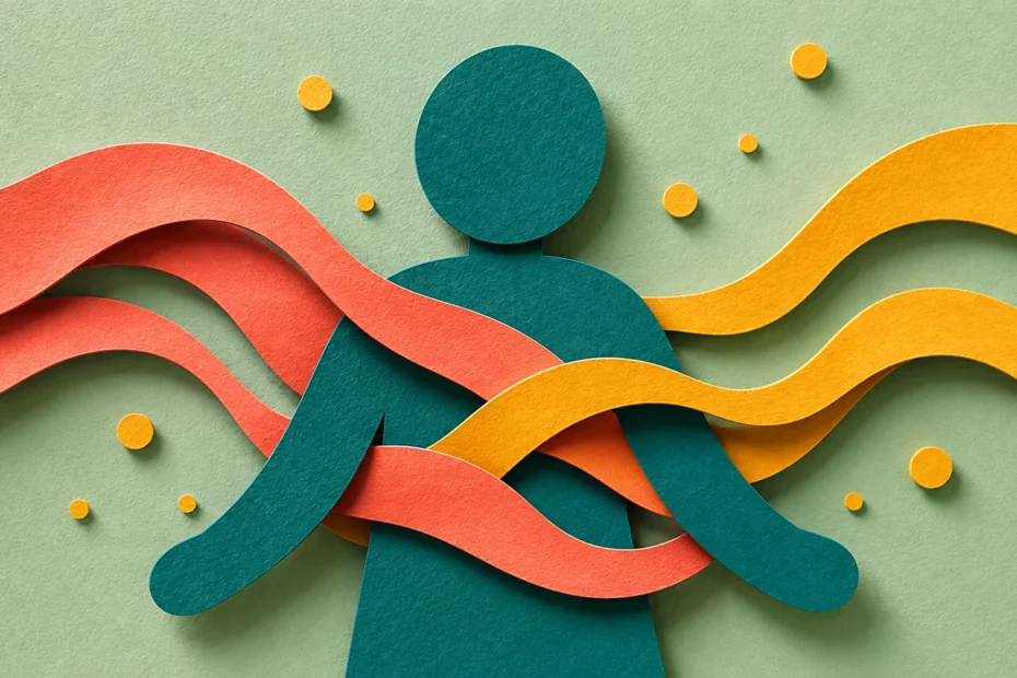 ADHD and anxiety — paper cut illustration of a figure with two interlocking wave layers (coral anxiety and amber ADHD energy) overlapping across the body.