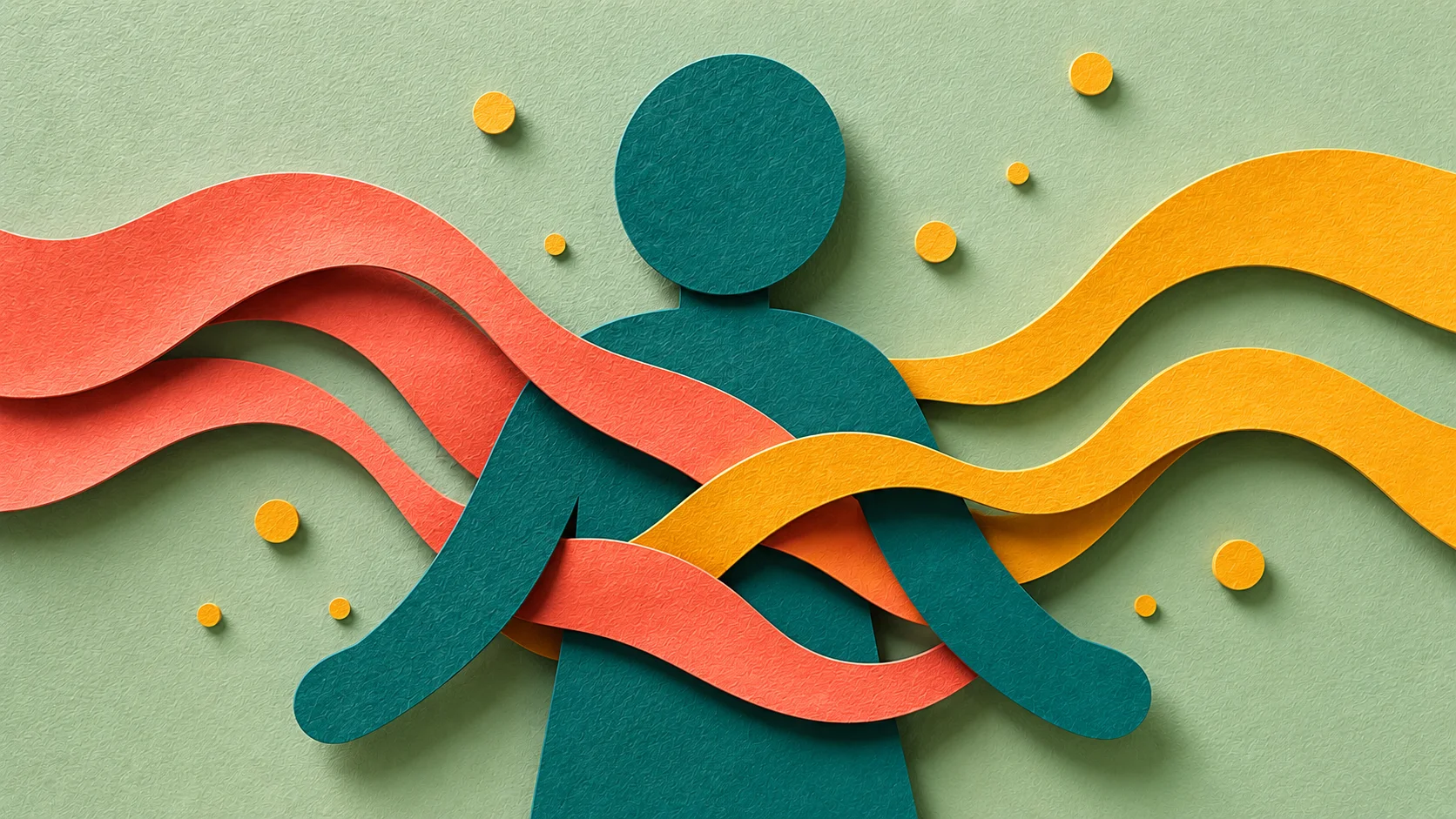 ADHD and anxiety — paper cut illustration of a figure with two interlocking wave layers (coral anxiety and amber ADHD energy) overlapping across the body.