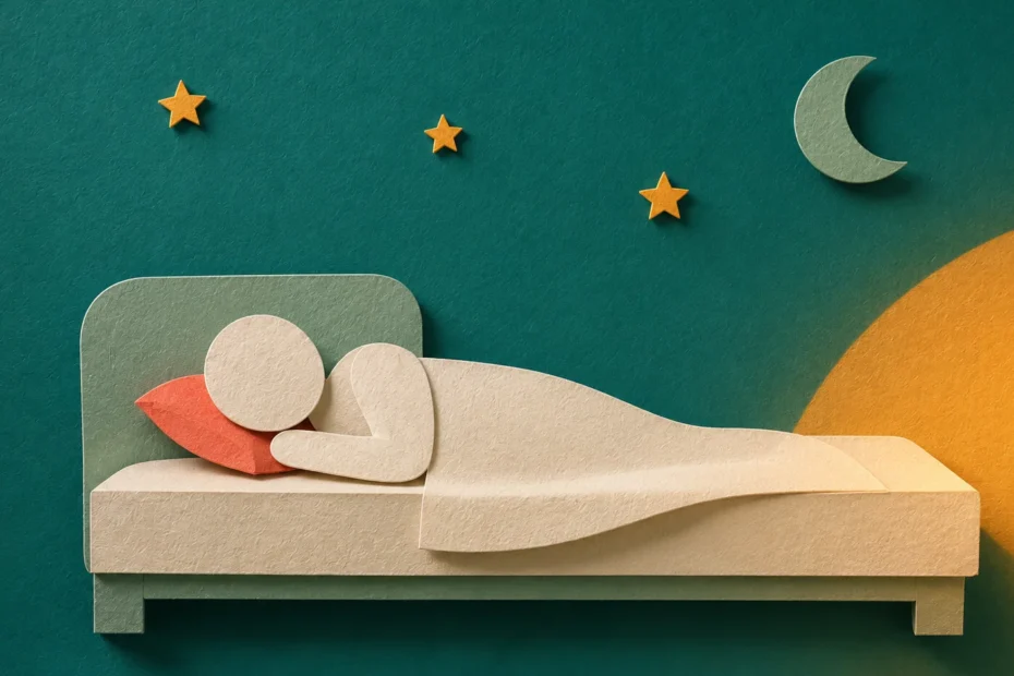 ADHD bedtime routine — paper cut illustration of a child resting in a paper bed under warm amber lamp glow with moon and star accents above.