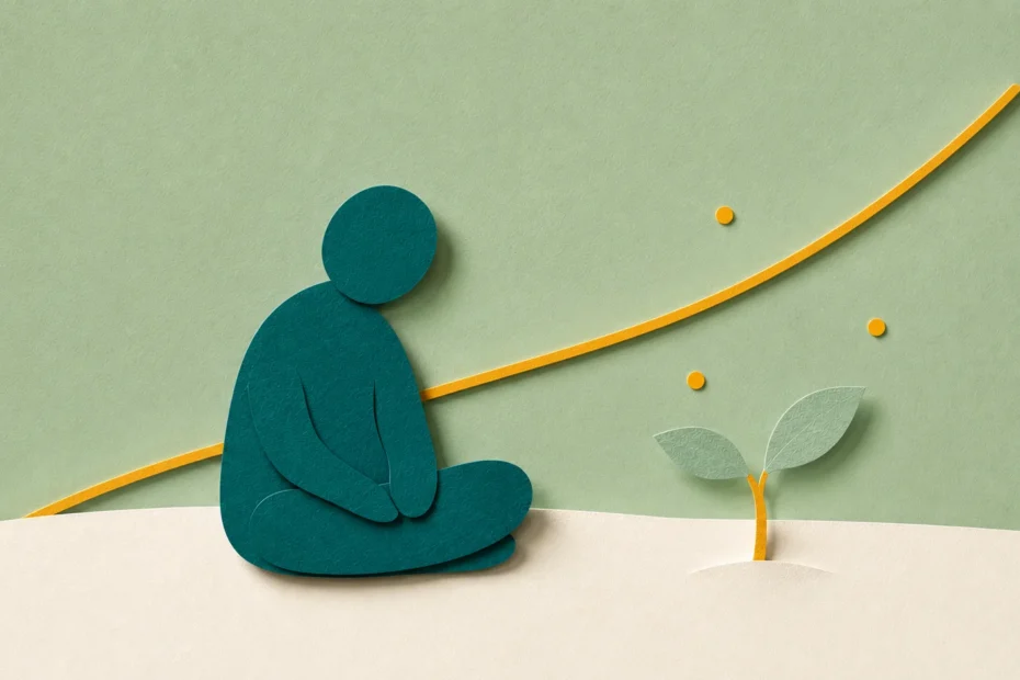 ADHD burnout — paper cut illustration of a quietly depleted figure seated beside a small amber seedling rising in gentle hope.