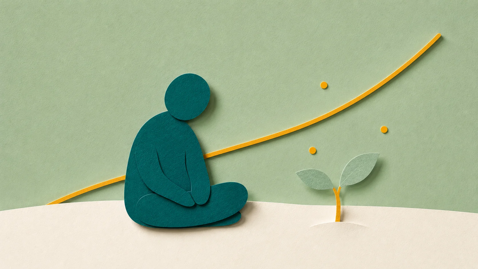 ADHD burnout — paper cut illustration of a quietly depleted figure seated beside a small amber seedling rising in gentle hope.