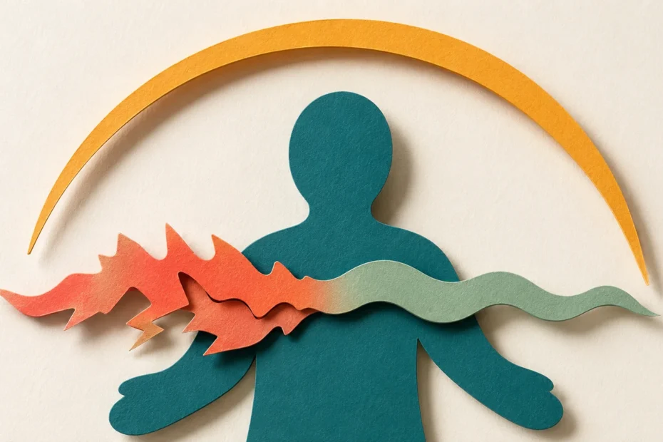 ADHD emotional dysregulation — paper cut illustration of a figure with a chaotic coral wave transforming into a smooth calm flow under a protective amber arc.