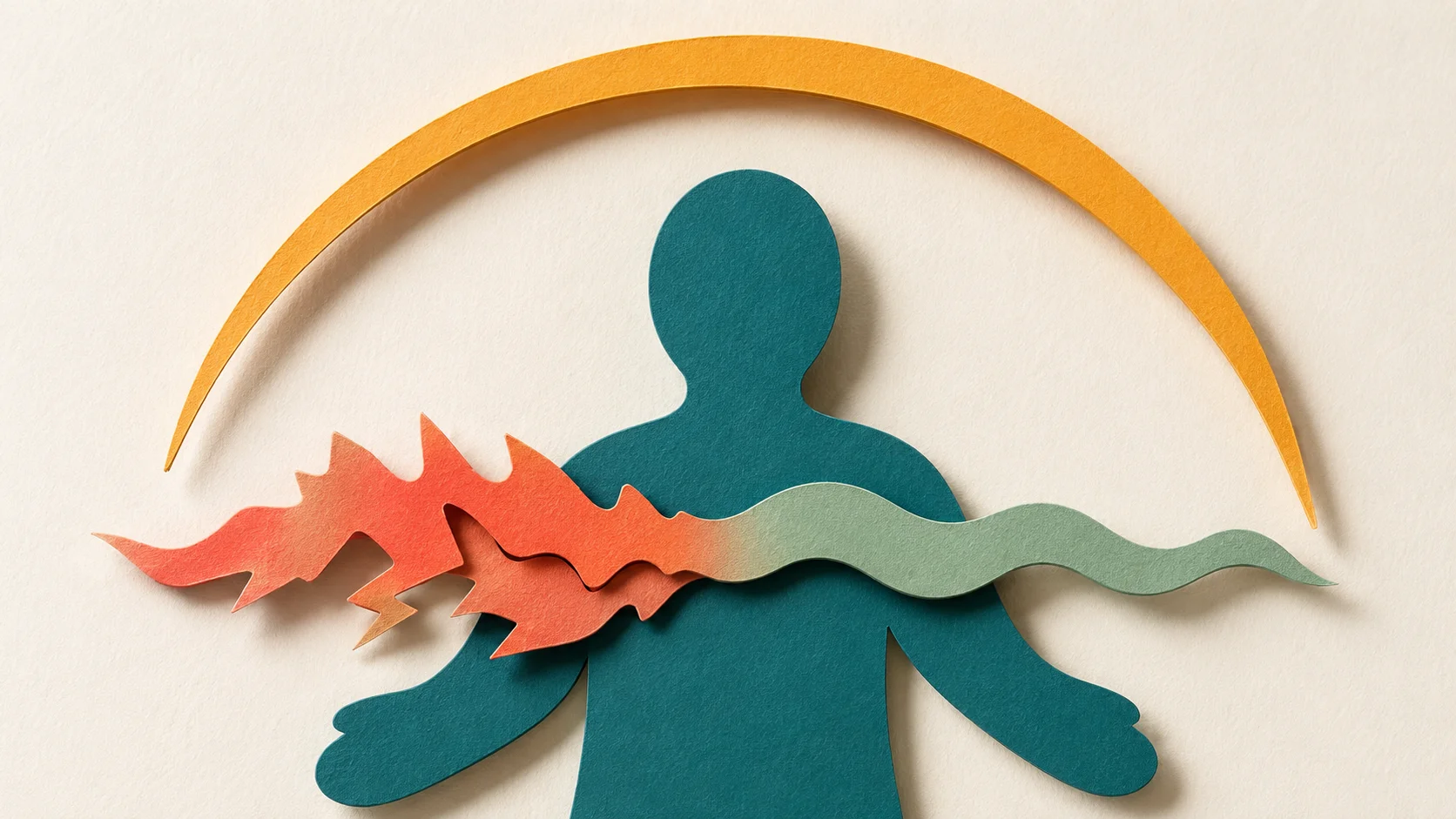 ADHD emotional dysregulation — paper cut illustration of a figure with a chaotic coral wave transforming into a smooth calm flow under a protective amber arc.