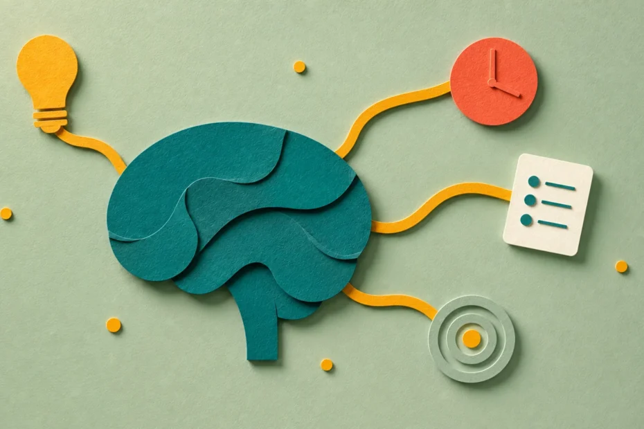 ADHD executive function — paper cut illustration of a stylized teal paper brain with golden amber pathways branching to executive function tool icons.
