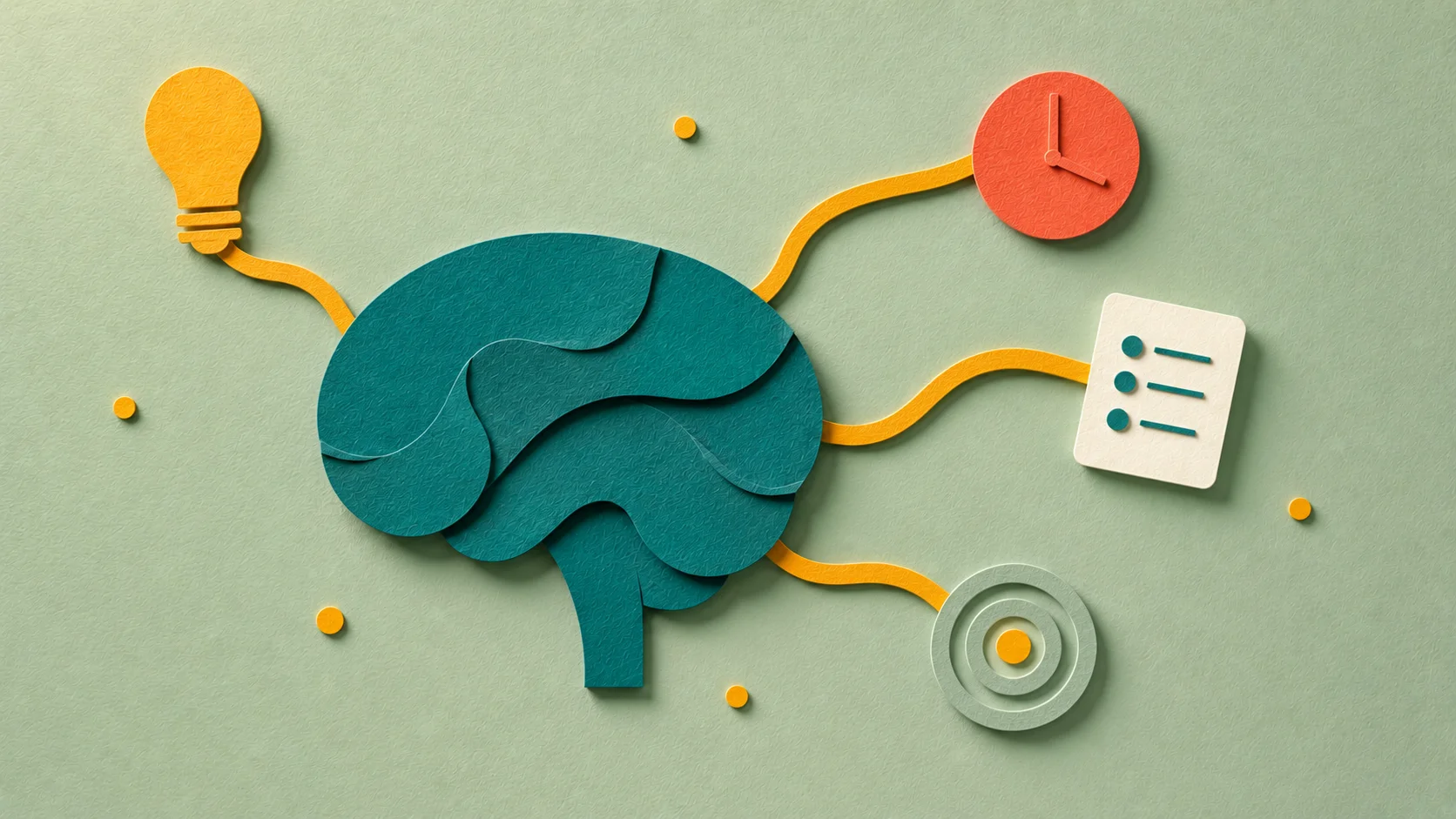 ADHD executive function — paper cut illustration of a stylized teal paper brain with golden amber pathways branching to executive function tool icons.