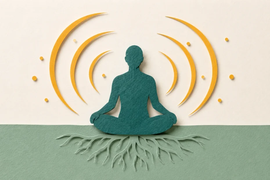 ADHD grounding scripts — paper cut illustration of a seated figure with paper roots descending into earth and amber breath arcs flowing outward.