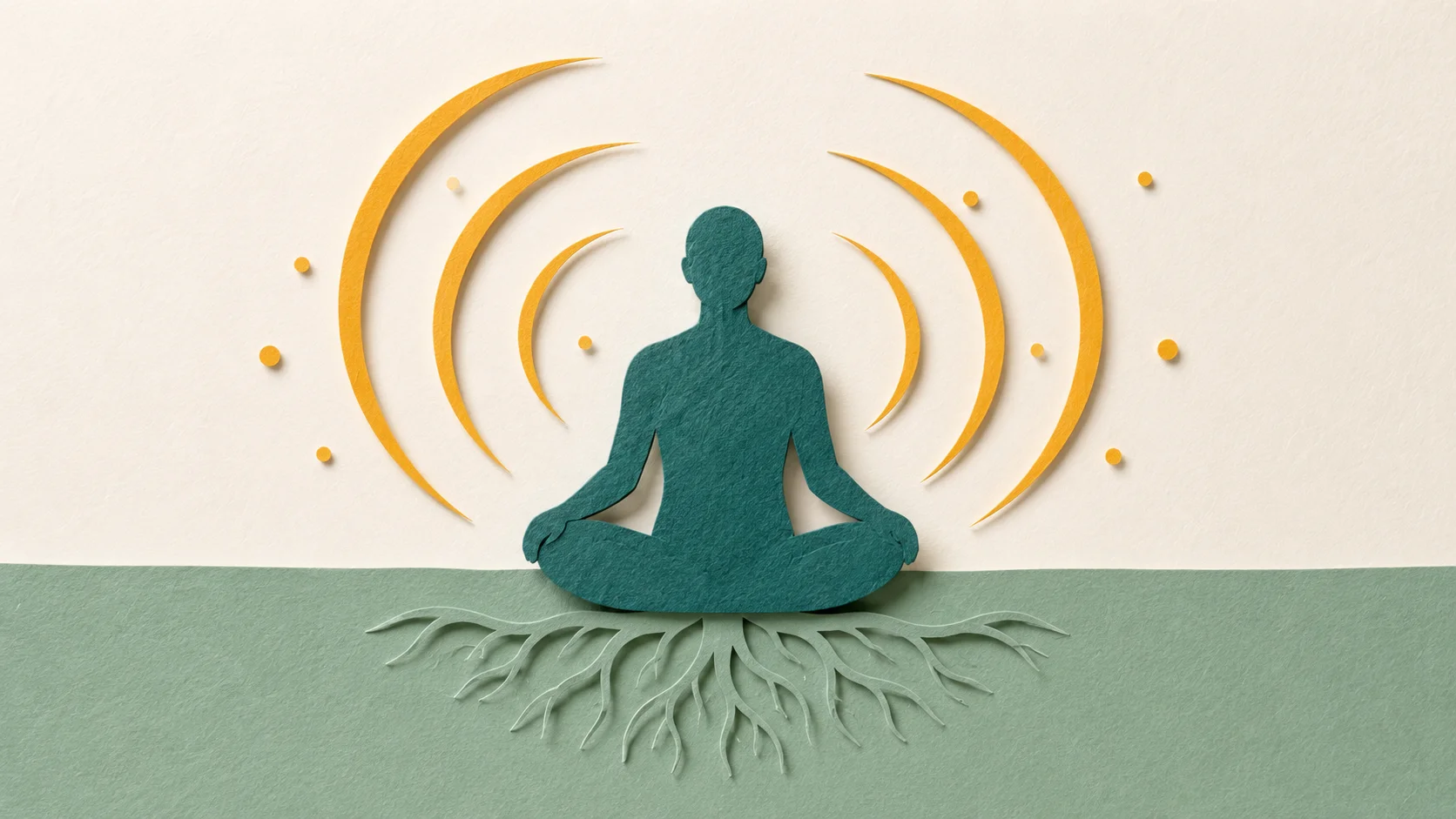 ADHD grounding scripts — paper cut illustration of a seated figure with paper roots descending into earth and amber breath arcs flowing outward.