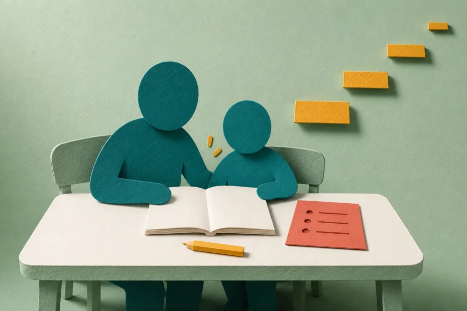 ADHD homework battles — paper cut illustration of a parent and child working closely together at a paper desk with stepping stones rising toward progress.