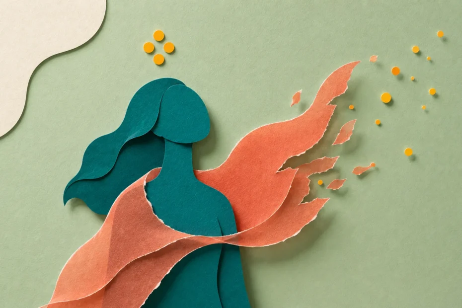 ADHD masking in women — paper cut illustration of a woman silhouette with a translucent coral veil layer peeling away and fragmenting into amber particles of release.