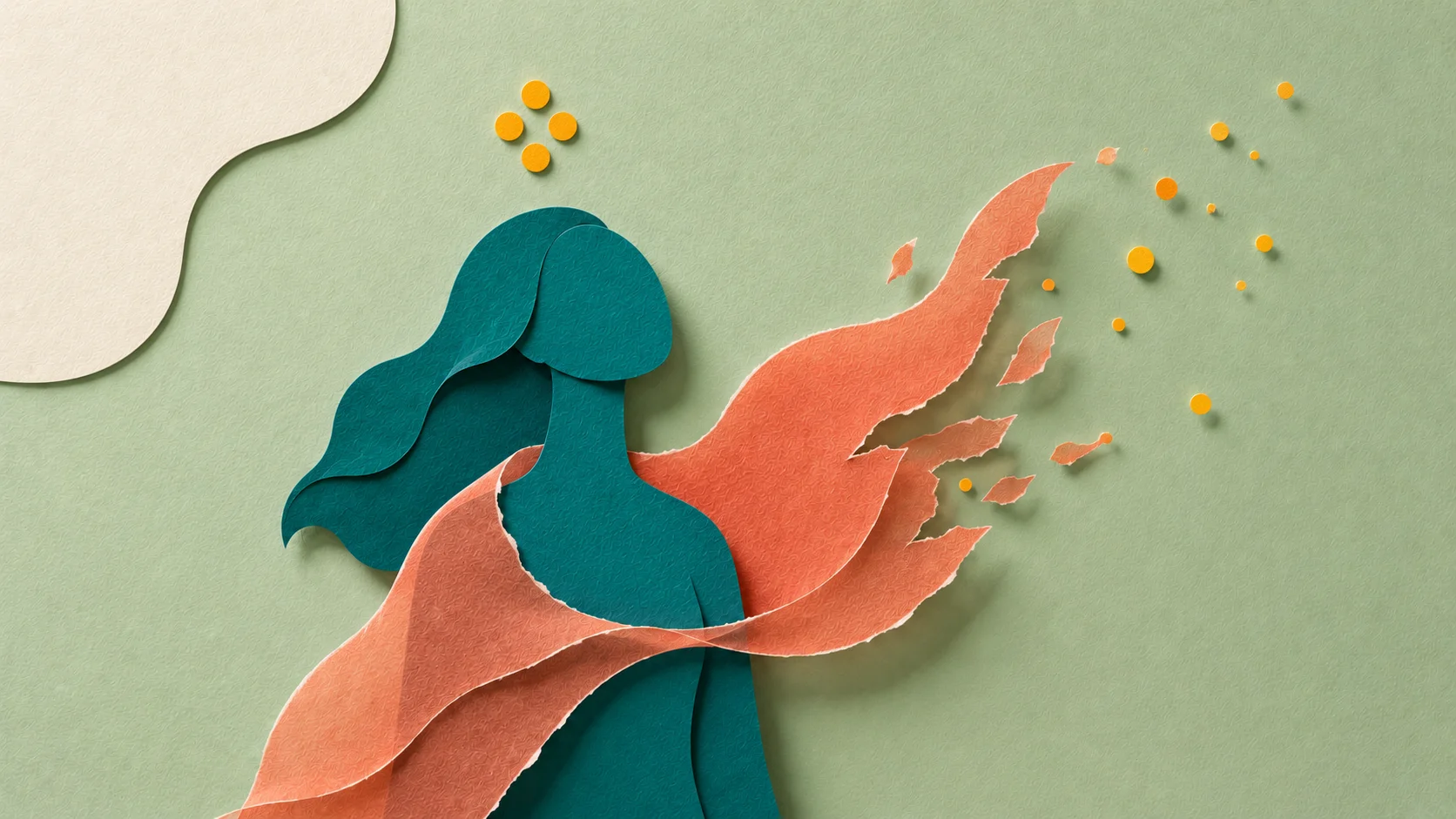 ADHD masking women — paper cut illustration of a woman silhouette with a translucent coral veil layer peeling away and fragmenting into amber particles of release.