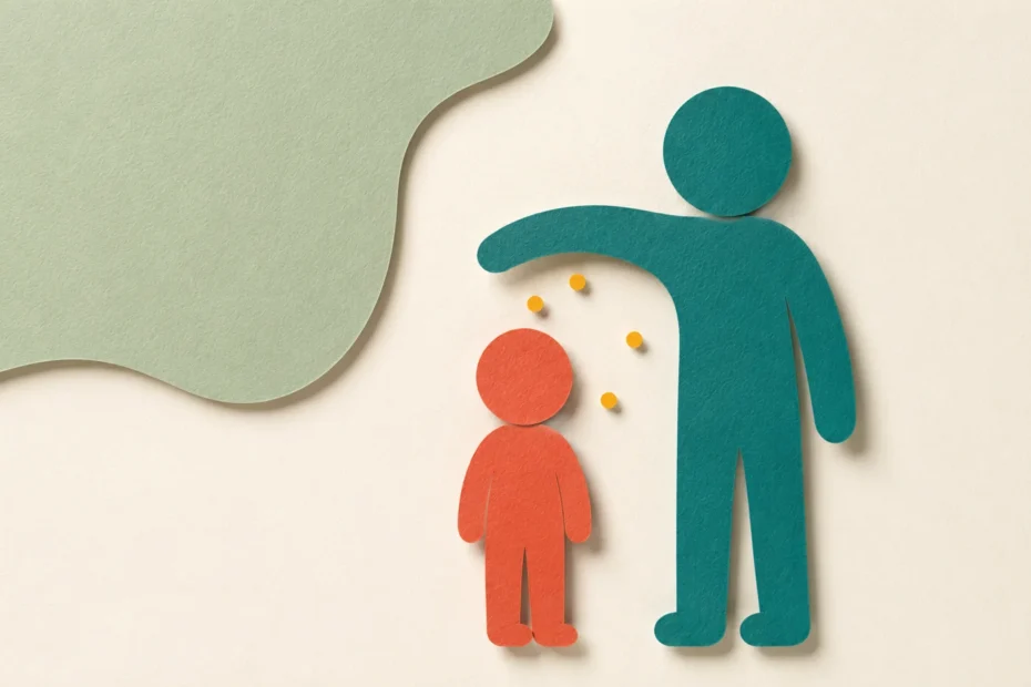 ADHD meltdown parent guide — paper cut illustration of a parent standing calmly with an arm forming a protective arc above a child during dysregulation.