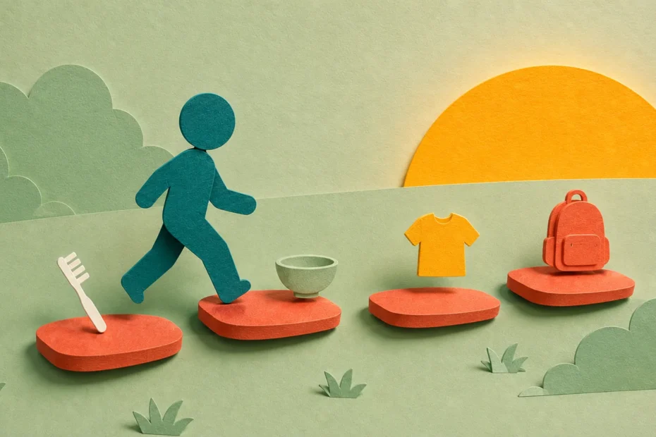 ADHD morning routine kids — paper cut illustration of a child walking on stepping stones at sunrise with morning task icons (toothbrush, backpack, breakfast) along the path.