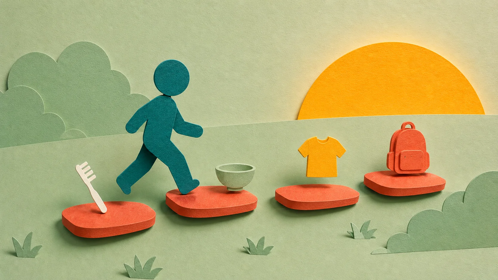 ADHD morning routine kids — paper cut illustration of a child walking on stepping stones at sunrise with morning task icons (toothbrush, backpack, breakfast) along the path.