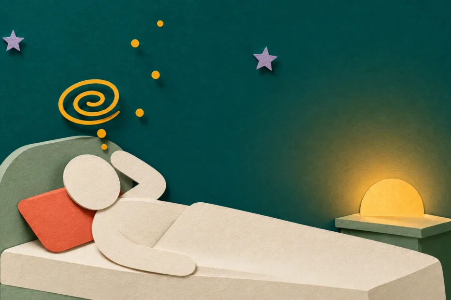 ADHD sleep problems — paper cut illustration of an adult lying in a paper bed with an amber spiral of racing thoughts overhead and warm lamp glow.