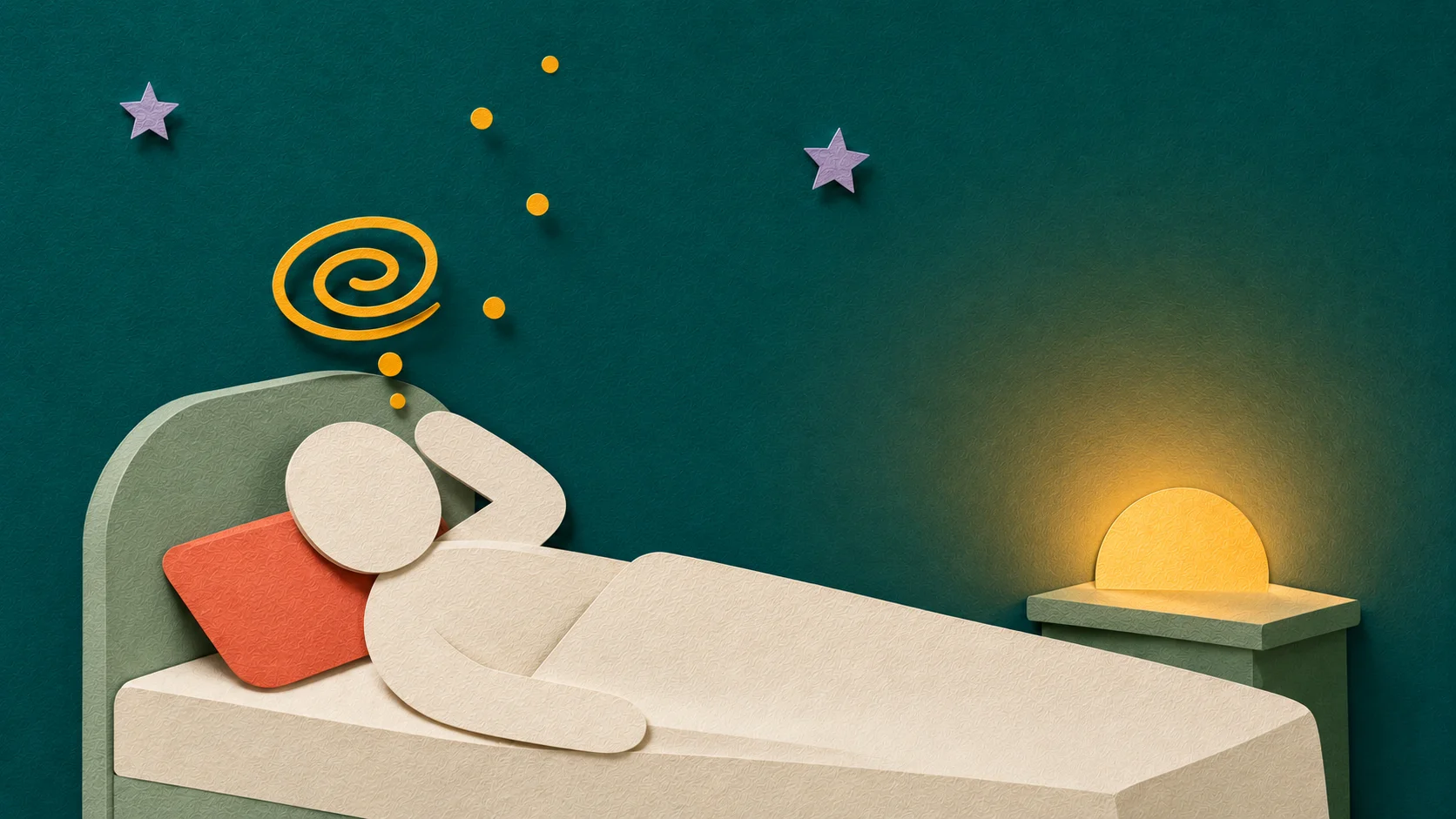 ADHD sleep problems — paper cut illustration of an adult lying in a paper bed with an amber spiral of racing thoughts overhead and warm lamp glow.