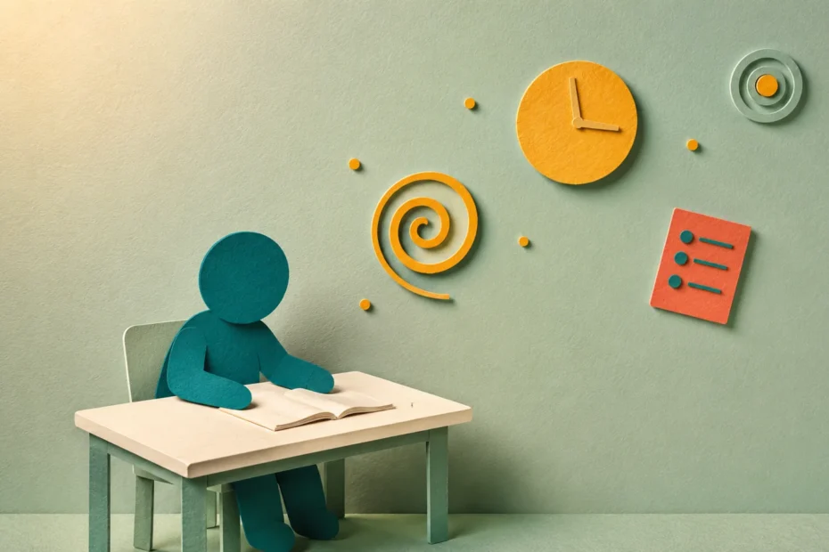 ADHD study hacks — paper cut illustration of a child seated at a paper desk with focus motifs scattered organically across the composition (clock, checklist, spiral, target).
