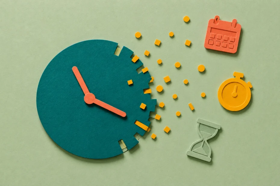 ADHD time blindness — paper cut illustration of a dissolving paper clock with hour marks scattering into particles, surrounded by external time anchor icons (calendar, timer, hourglass).