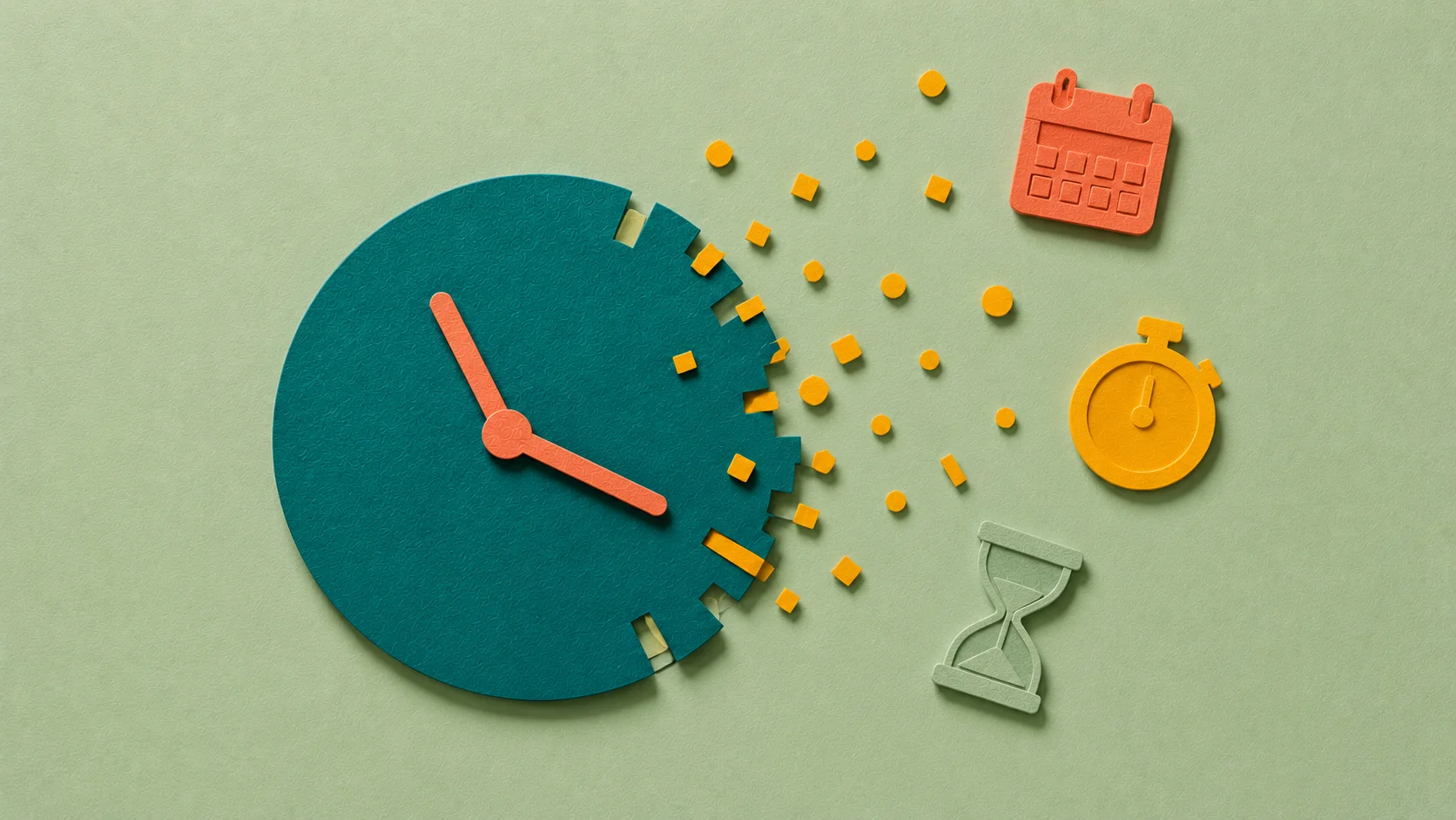 ADHD time blindness — paper cut illustration of a dissolving paper clock with hour marks scattering into particles, surrounded by external time anchor icons (calendar, timer, hourglass).