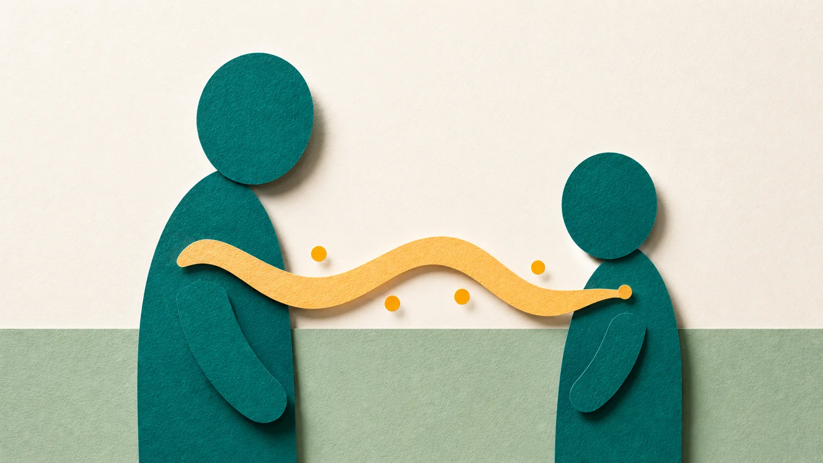 Co-regulation ADHD — paper cut illustration of a parent and child facing each other with a shared amber wave of nervous system attunement passing between them.