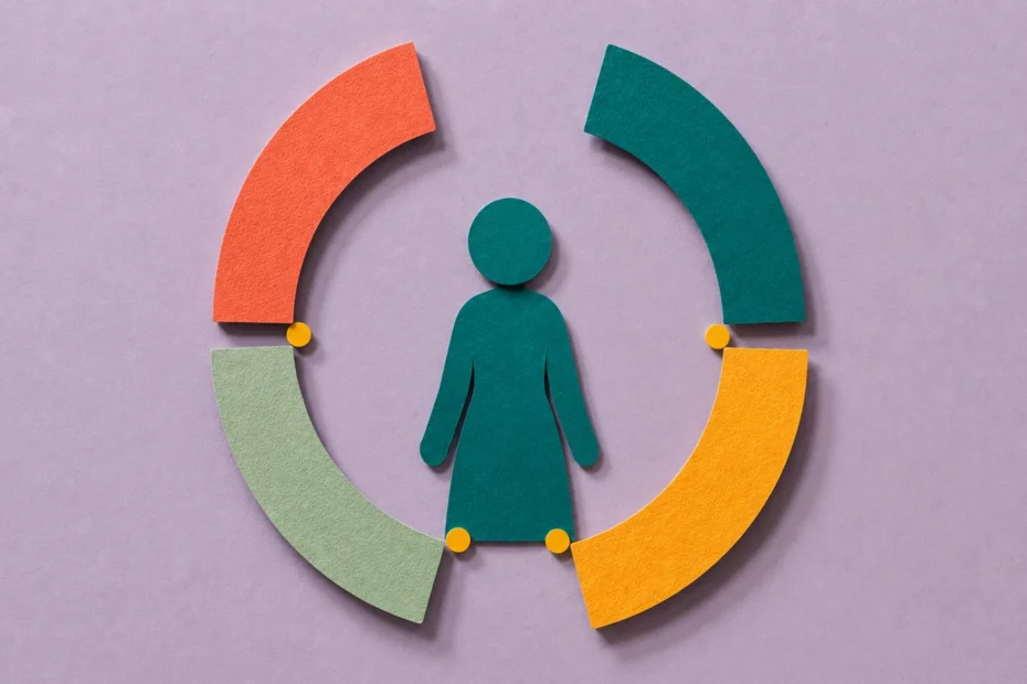 Hormones ADHD cycle — paper cut illustration of a woman at the center of a four-phase cyclical paper arc representing the menstrual cycle's impact on ADHD.