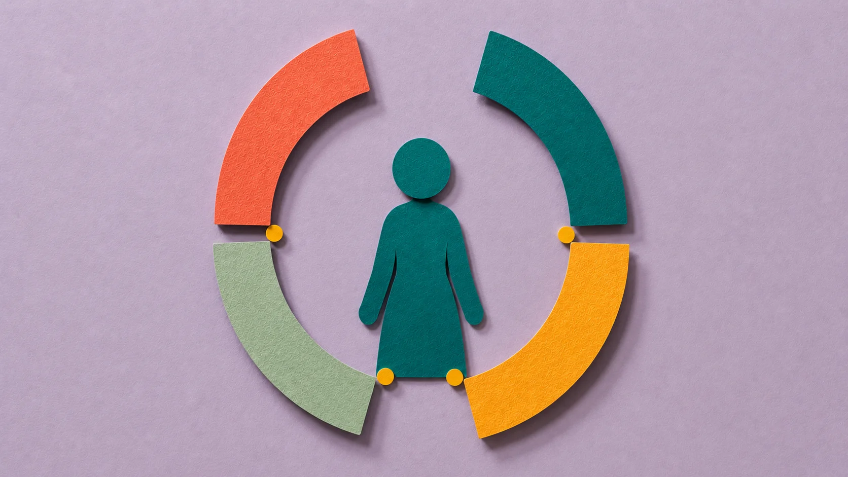 Hormones ADHD cycle — paper cut illustration of a woman at the center of a four-phase cyclical paper arc representing the menstrual cycle's impact on ADHD.