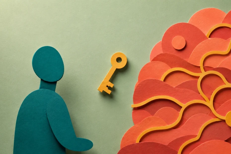 Late ADHD diagnosis — paper cut illustration of an adult silhouette discovering a stylized paper brain landscape with an amber key motif.