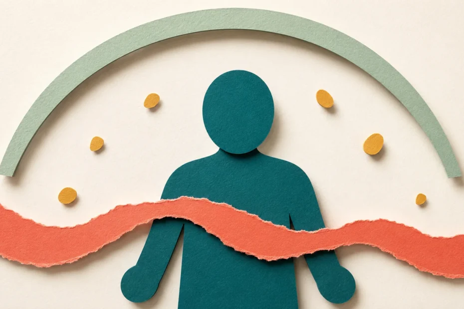 Rejection sensitive dysphoria ADHD — paper cut illustration of a figure with a coral emotion wave across the chest and a protective sage arc above for regulation.