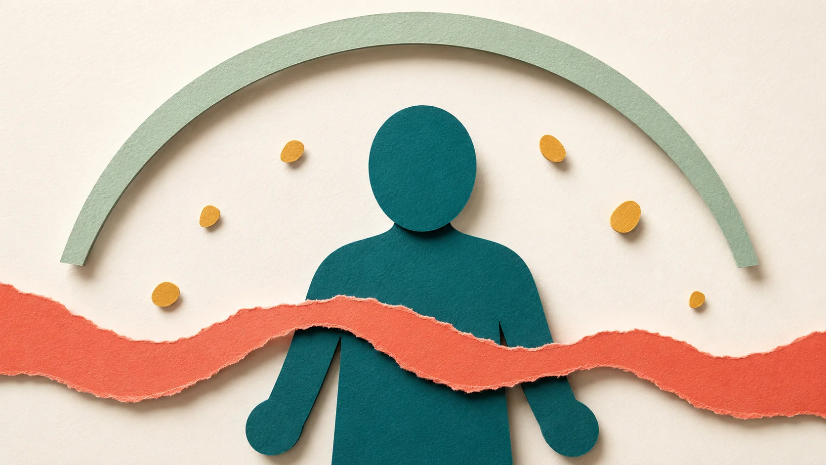 Rejection sensitive dysphoria ADHD — paper cut illustration of a figure with a coral emotion wave across the chest and a protective sage arc above for regulation.