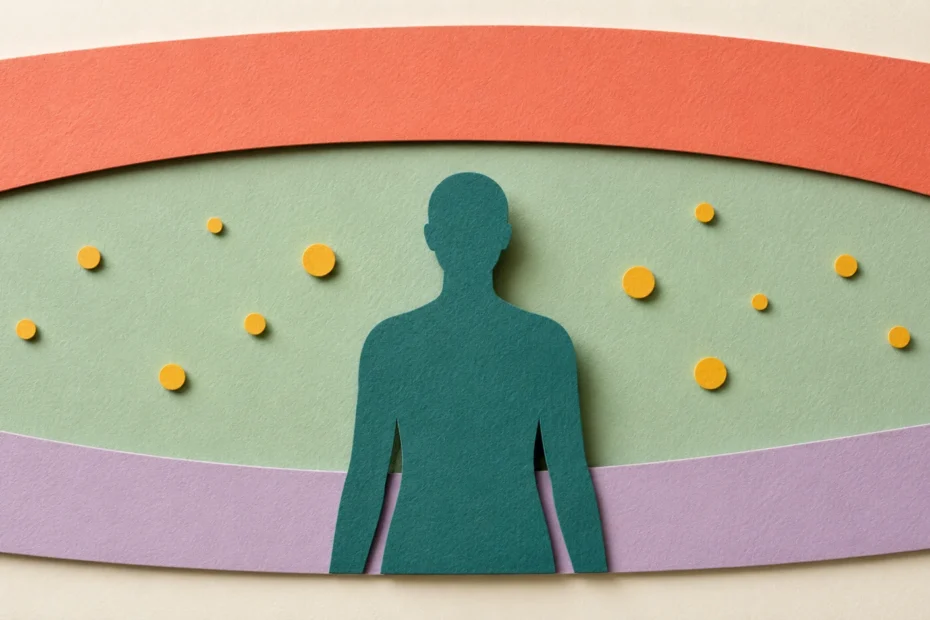 Window of tolerance ADHD — paper cut illustration of a calm figure centered in the optimal regulation zone between hyperarousal and hypoarousal bands.