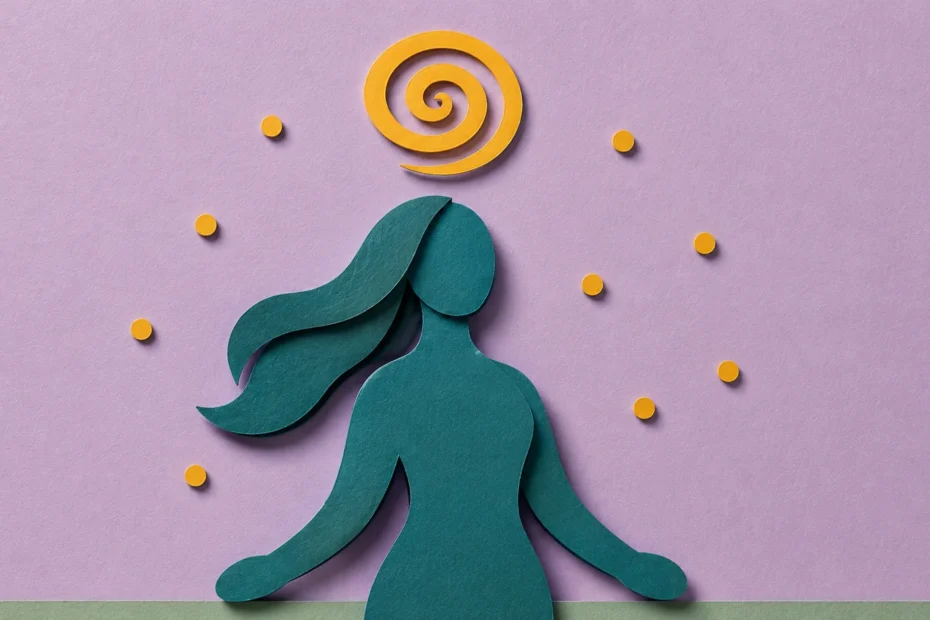 Women with ADHD — paper cut illustration of a woman silhouette with a golden amber spiral above her head and a constellation of particles representing the active ADHD mind.