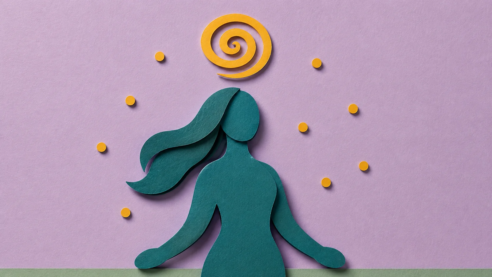 Women with ADHD — paper cut illustration of a woman silhouette with a golden amber spiral above her head and a constellation of particles representing the active ADHD mind.