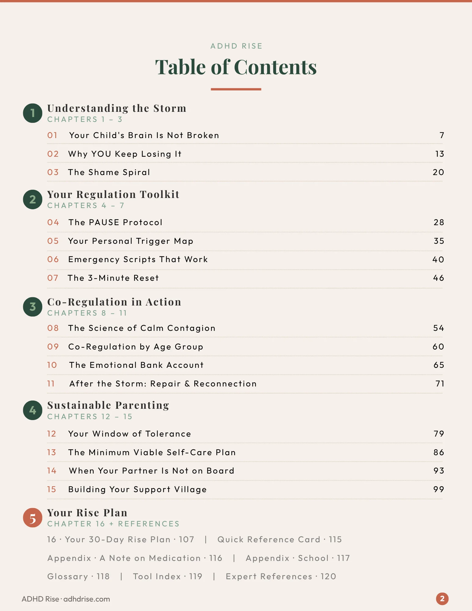 The Parent Regulation Guide — Table of Contents showing 5 parts and 16 chapters