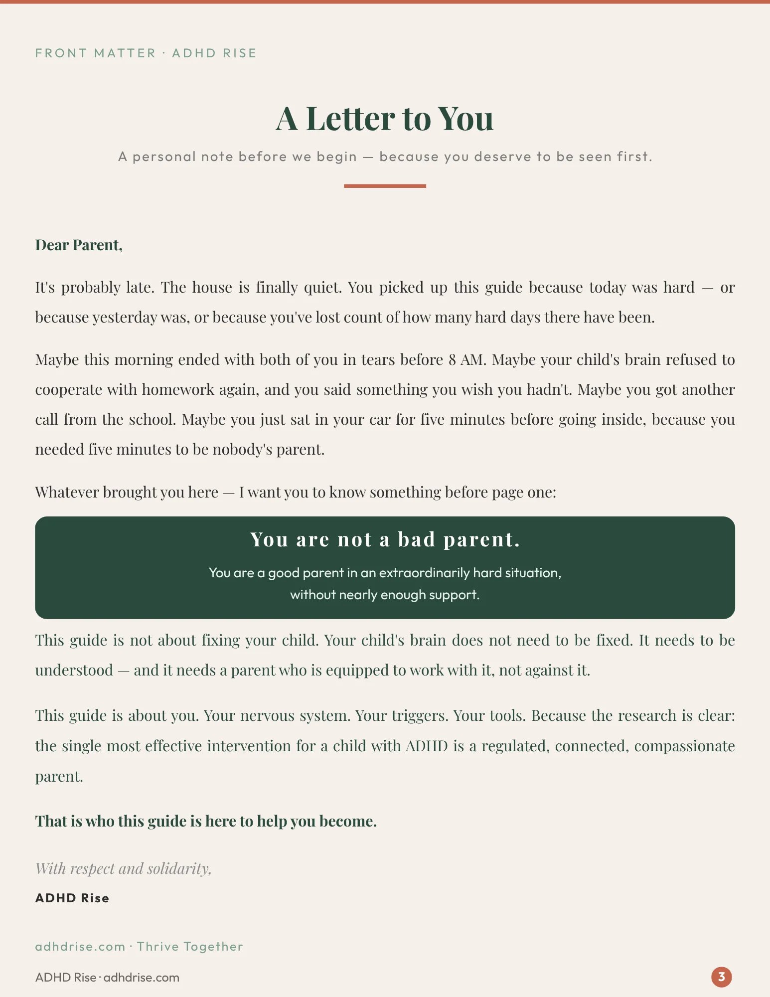The Parent Regulation Guide — A Letter to You opening page