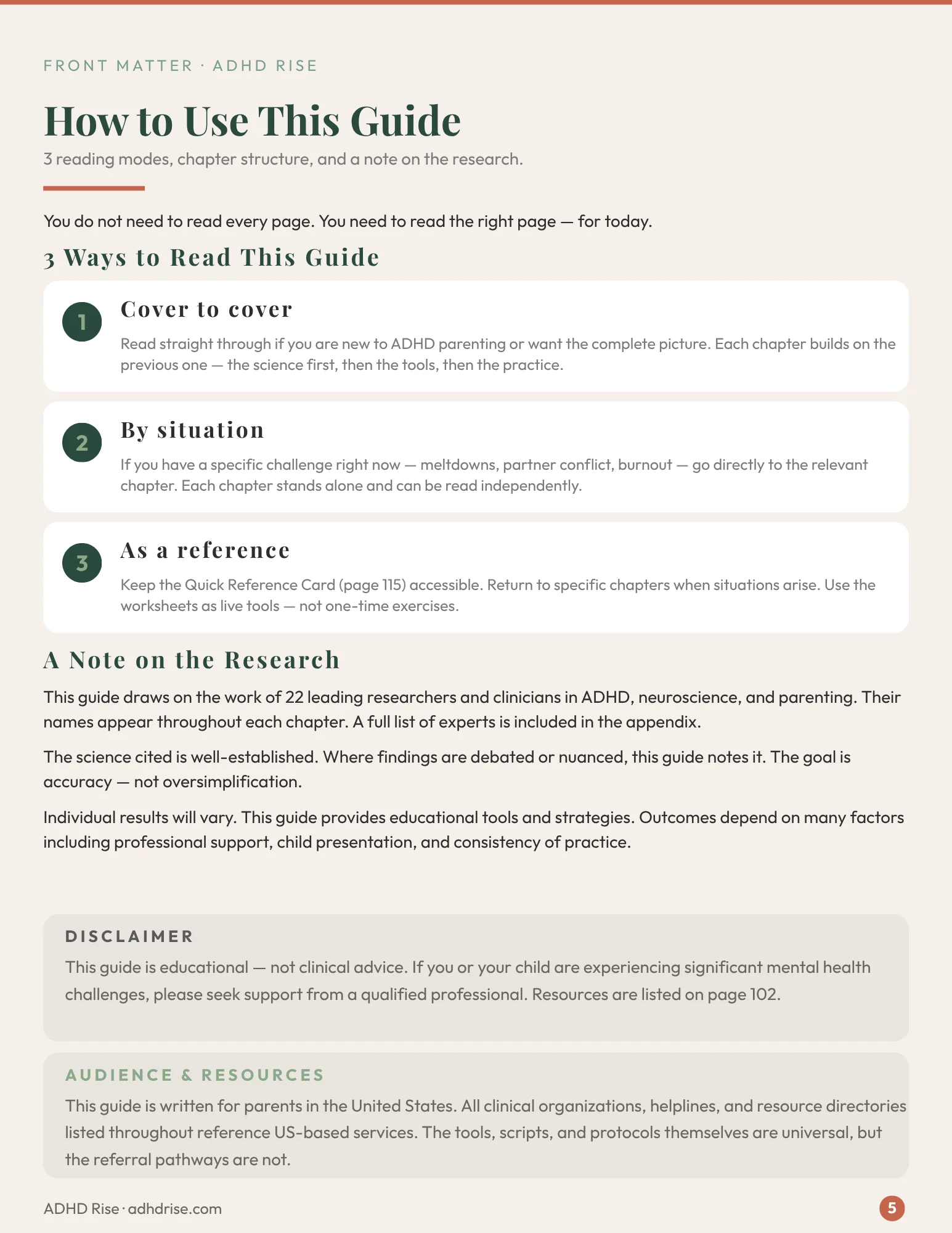 The Parent Regulation Guide — How to Use This Guide with reading modes and disclaimer